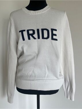 Ellsworth + Ivey “TRIDE” Sweater White Navy Graphic Knit Crewneck Size M Luxe